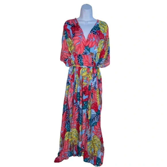 ✨NEW ✨ Boho Maxi Tropical Floral Colorful Caftan Beach Swim Cover Up Dress OS - Picture 15 of 16